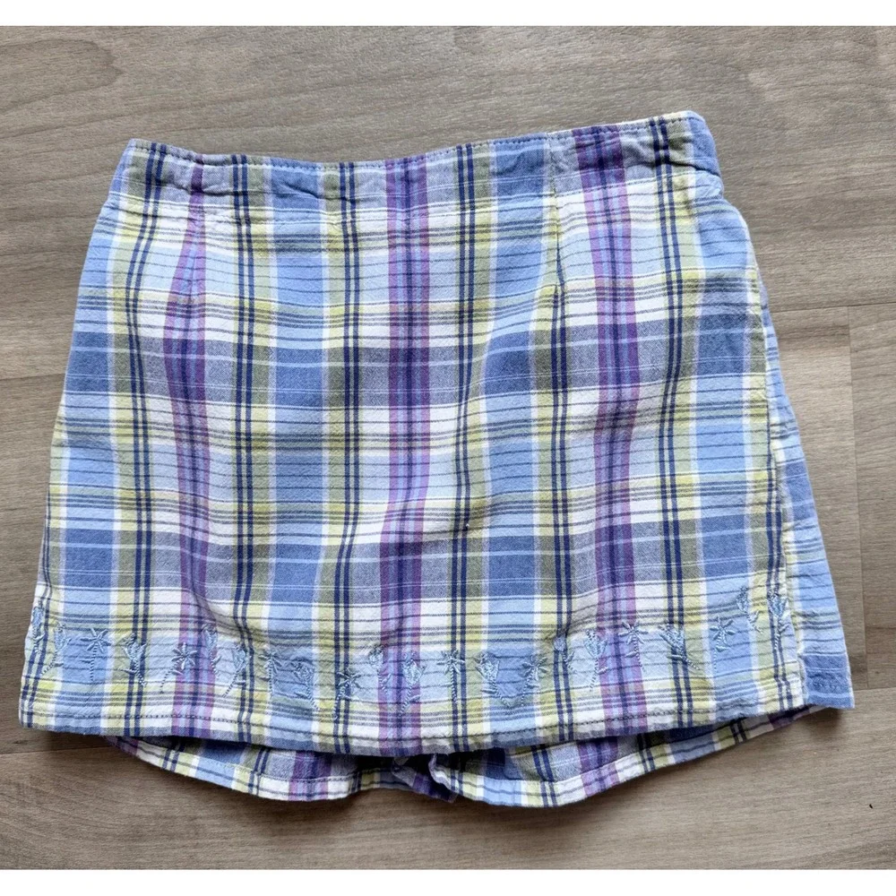 Vintage OshKosh Bgosh Plaid Skort Girls 6X Blue Purple Cotton Floral Embroidered